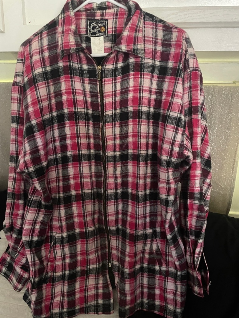 Jou Jou Pink Black White Plaid Zip Utility Jacket